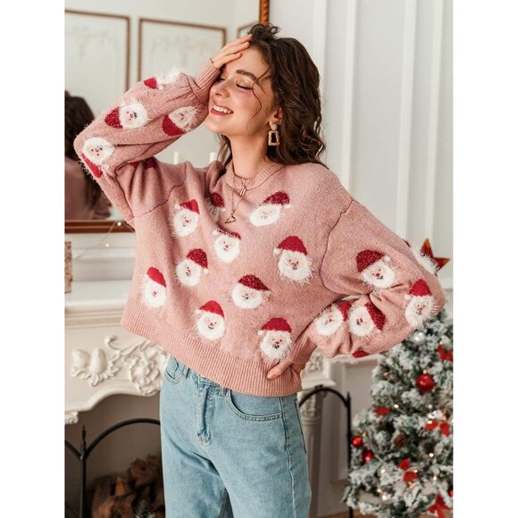 Women's Knitted Christmas Pattern Comfy Crewneck Long Sleeve Pullover Sweater - Picture 3 of 6
